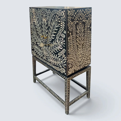 Peacock Design Bone Inlay Bar Cabinet Black