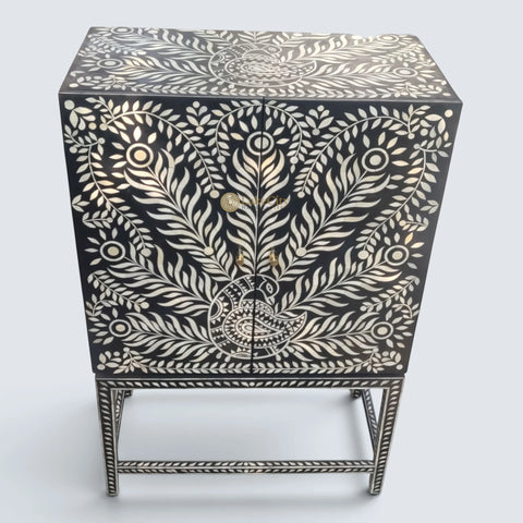 Peacock Design Bone Inlay Bar Cabinet Black