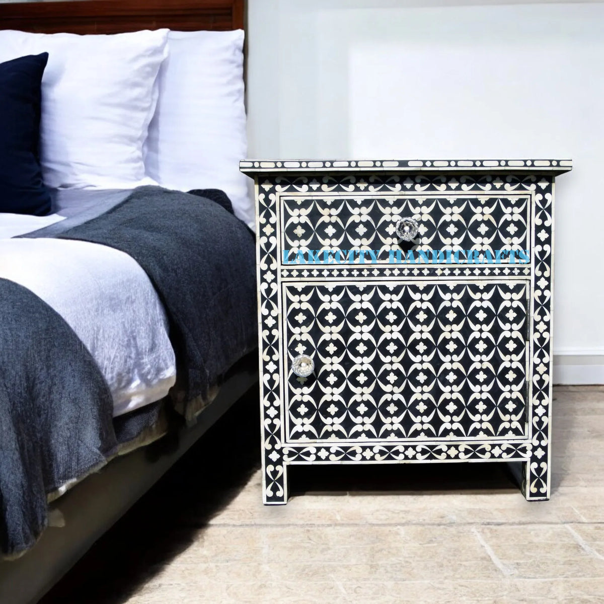 Bone Inlay Quote Design 1 Drawer 1 Door Side Cabinet Black