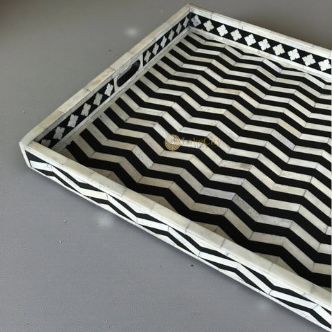 Bone Inlay Rectangle Chevron Pattern Tray Black