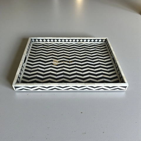 Bone Inlay Rectangle Chevron Pattern Tray Black