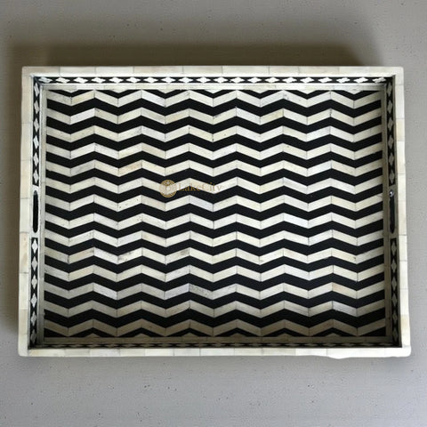 Bone Inlay Rectangle Chevron Pattern Tray Black