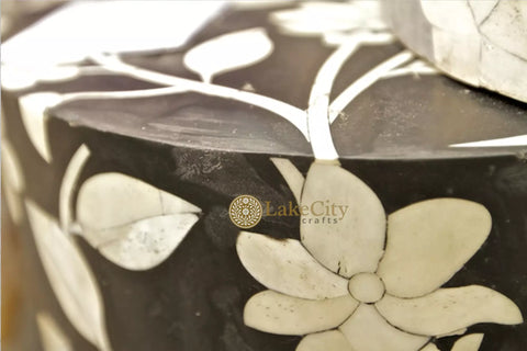 Bone Inlay Round Stool Floral Design Black