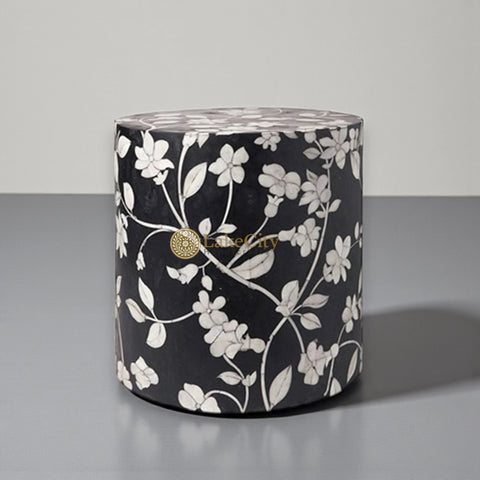 Bone Inlay Round Stool Floral Design Black