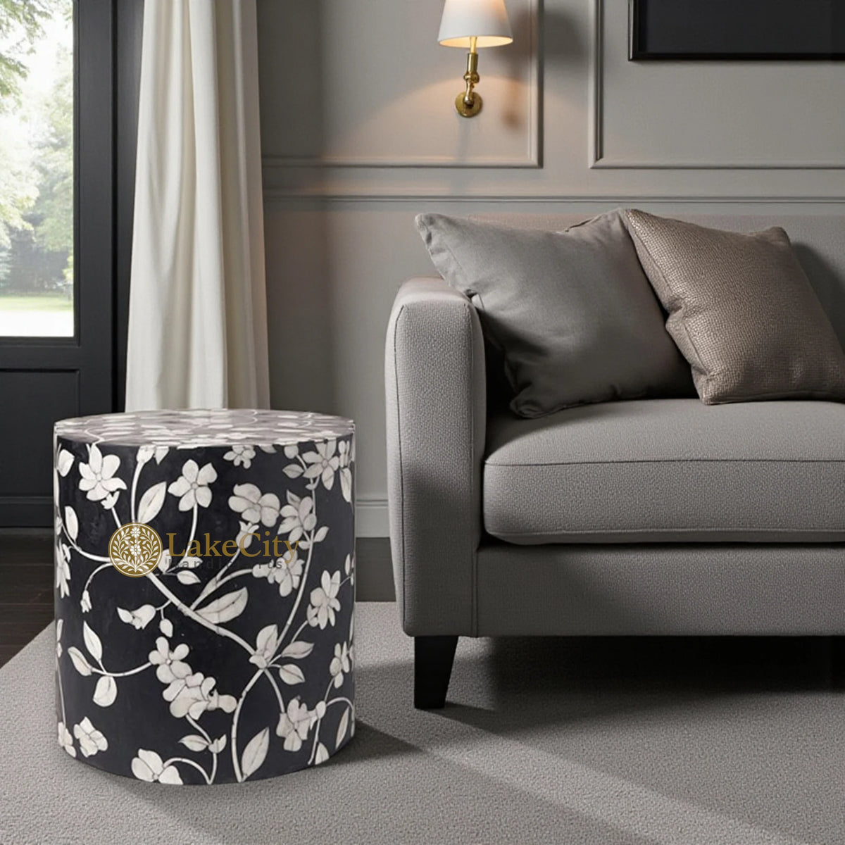 Bone Inlay Round Stool Floral Design Black