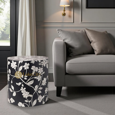 Bone Inlay Round Stool Floral Design Black
