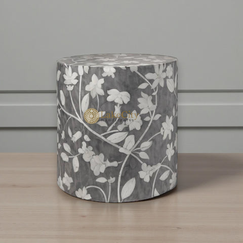 Bone Inlay Round Stool Floral Design Dave Grey