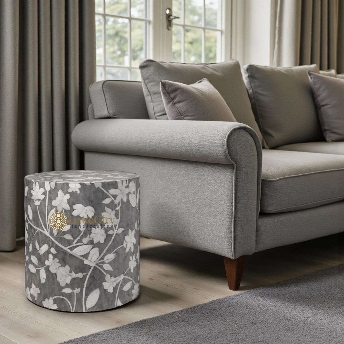 Bone Inlay Round Stool Floral Design Dave Grey