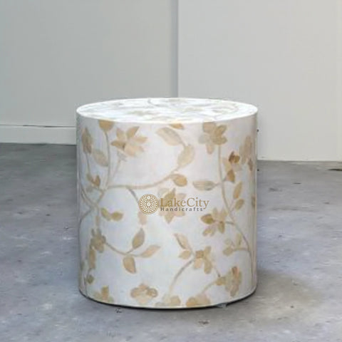 Bone Inlay Round Stool Floral Design White
