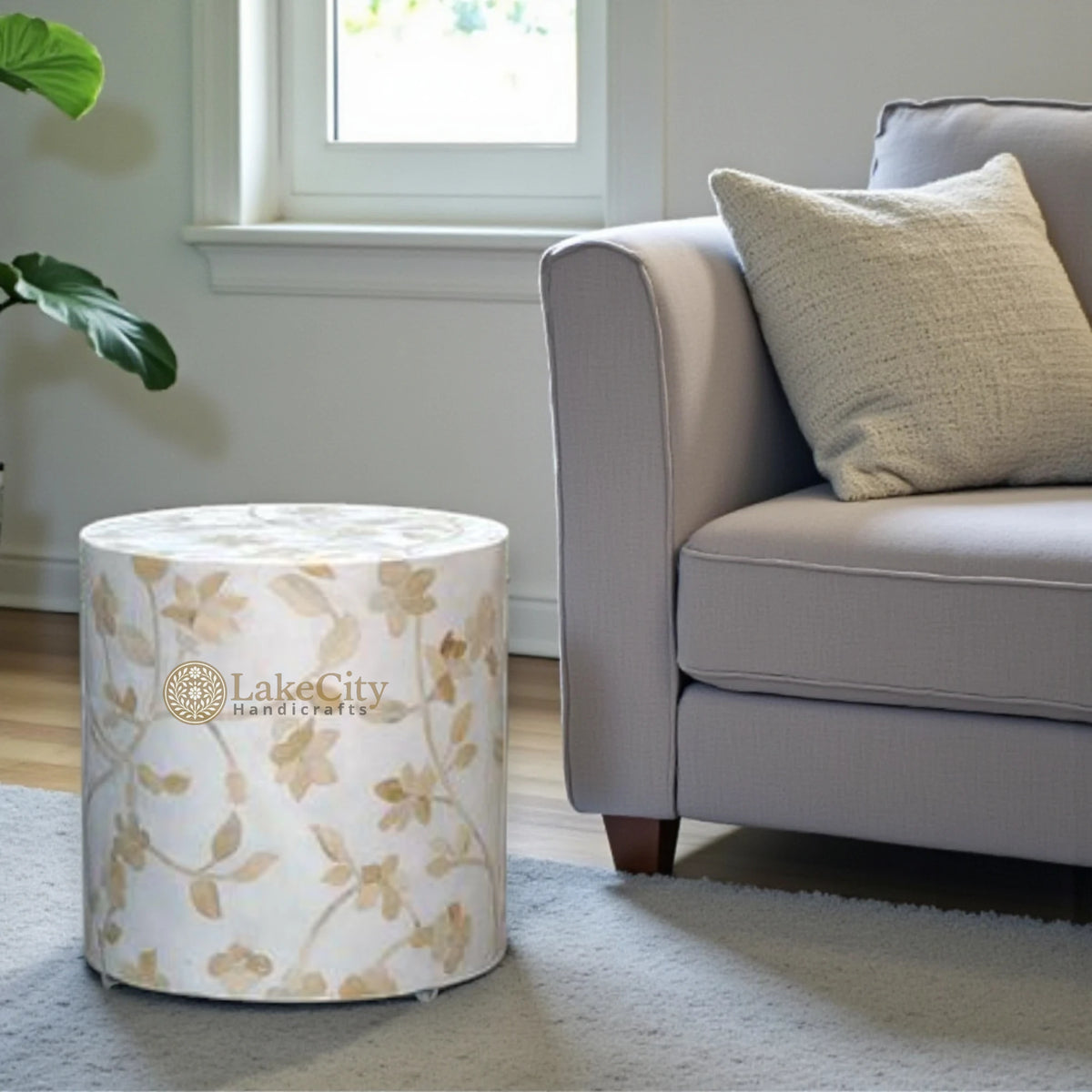 Bone Inlay Round Stool Floral Design White