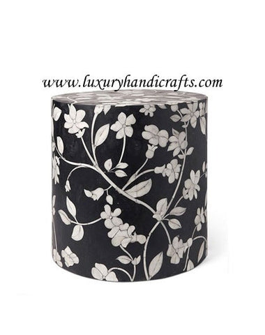 Bone Inlay Round Stool Floral Design Black 1