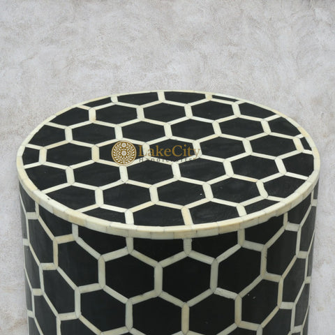 Bone Inlay Round Stool Honeycomb Design Black