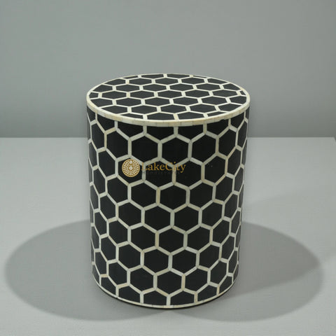 Bone Inlay Round Stool Honeycomb Design Black