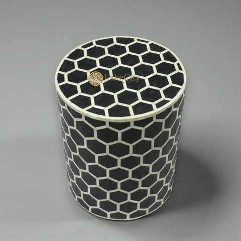 Bone Inlay Round Stool Honeycomb Design Black
