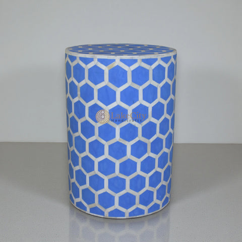 Bone Inlay Round Stool Honeycomb Design Blue