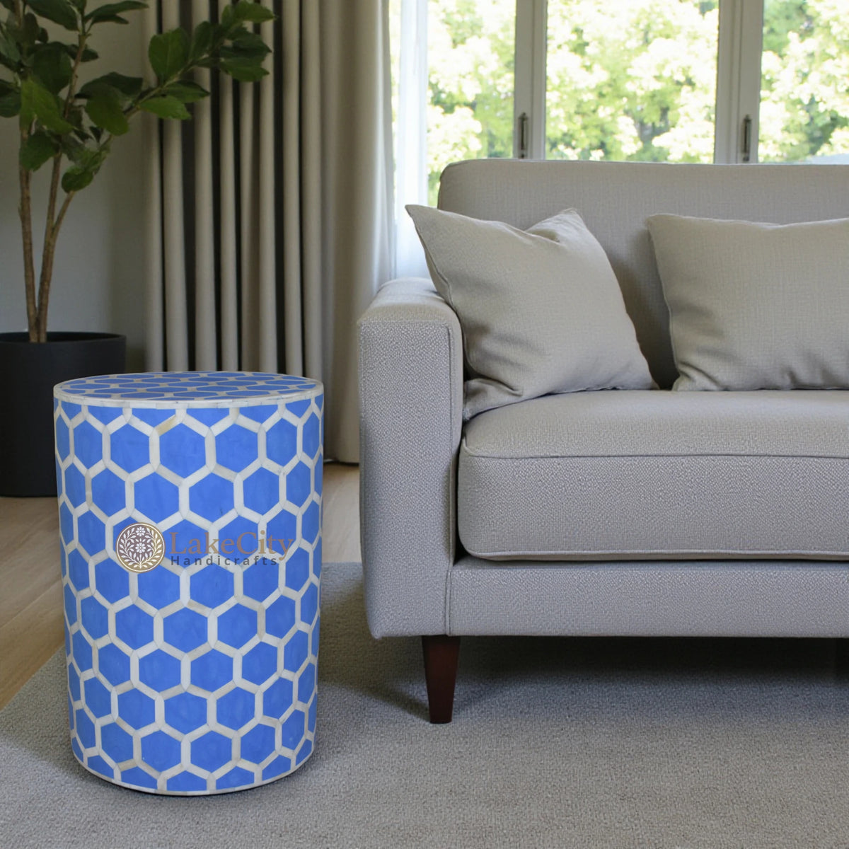 Bone Inlay Round Stool Honeycomb Design Blue