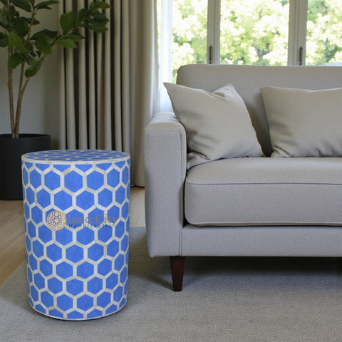 Bone Inlay Round Stool Honeycomb Design Blue