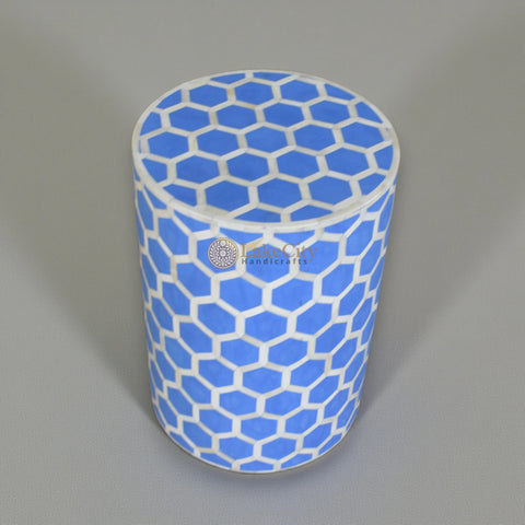 Bone Inlay Round Stool Honeycomb Design Blue