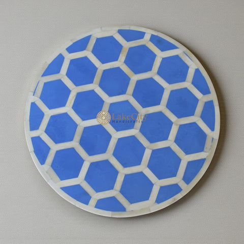 Bone Inlay Round Stool Honeycomb Design Blue