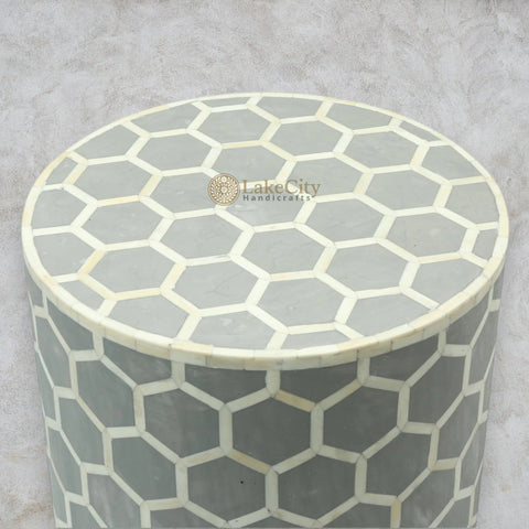 Bone Inlay Round Stool Honeycomb Design Grey