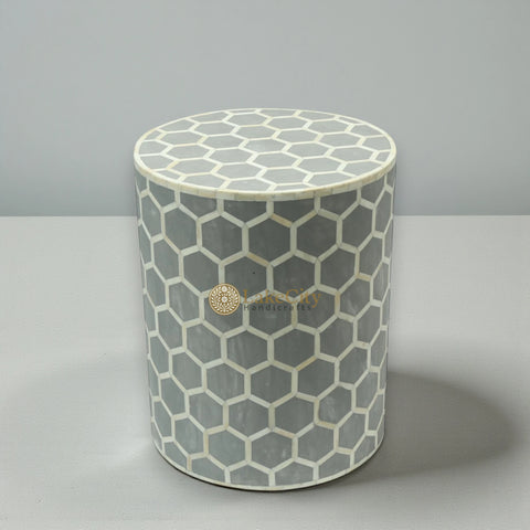 Bone Inlay Round Stool Honeycomb Design Grey