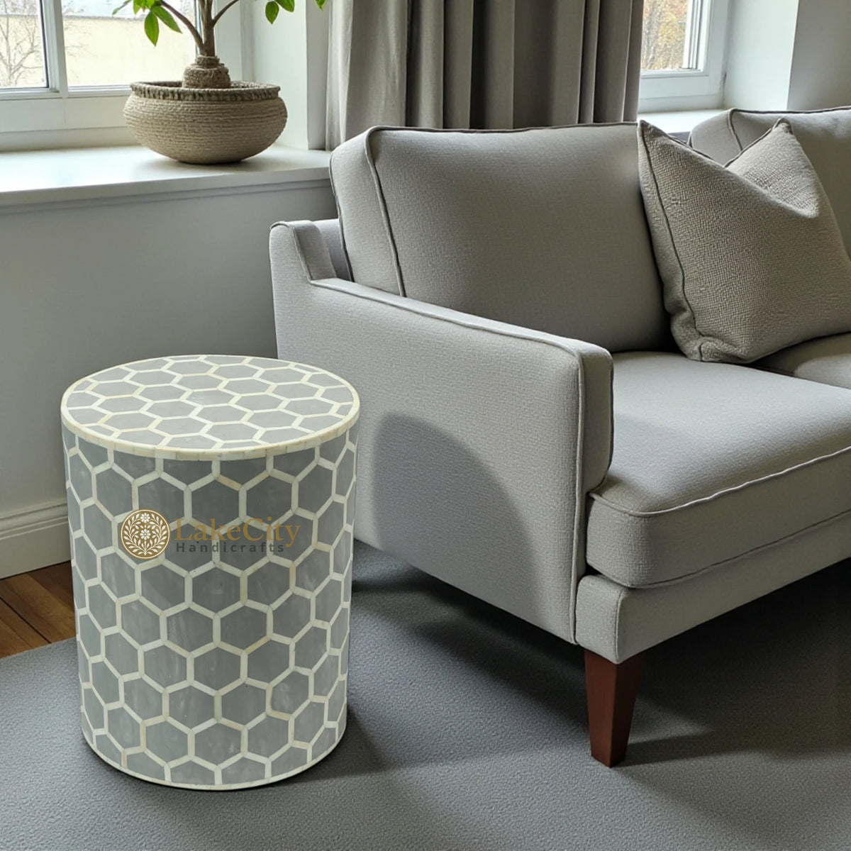 Bone Inlay Round Stool Honeycomb Design Grey