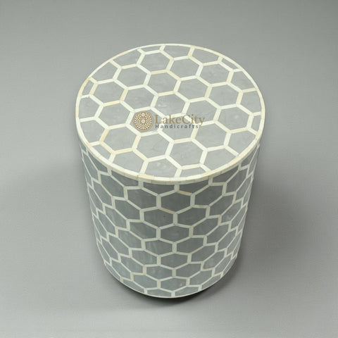 Bone Inlay Round Stool Honeycomb Design Grey
