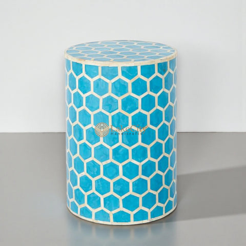 Bone Inlay Round Stool Honeycomb Design Turquoise