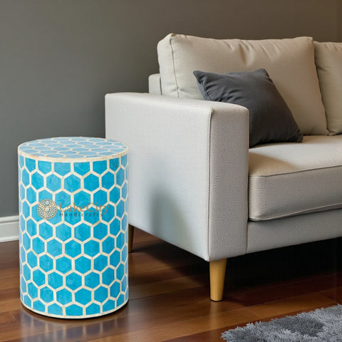 Bone Inlay Round Stool Honeycomb Design Turquoise