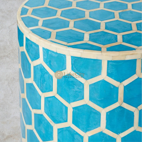 Bone Inlay Round Stool Honeycomb Design Turquoise