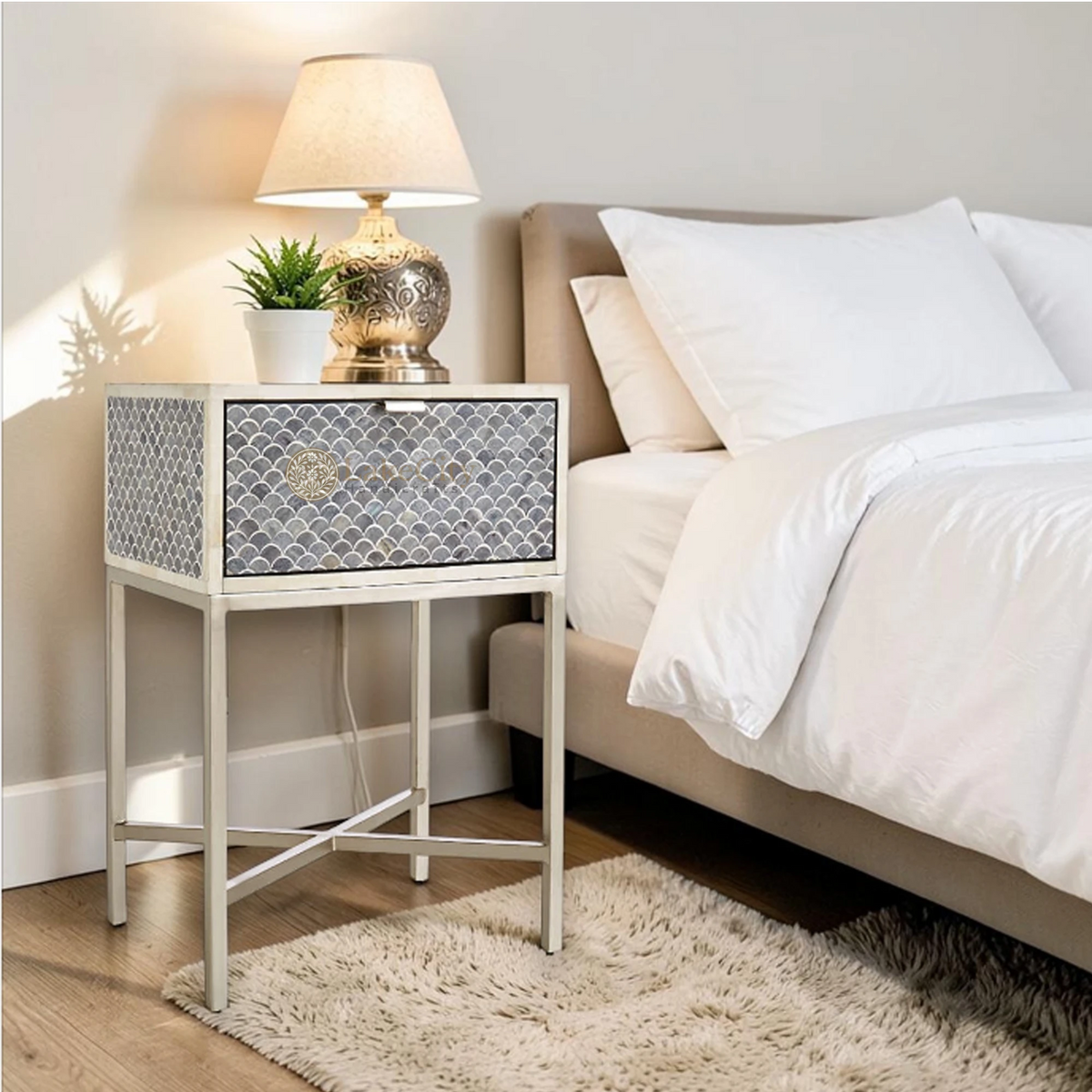Scallop Grey Bone Inlay Nightstand | Luxury Bedside Table | Bone Inlay Nightstand