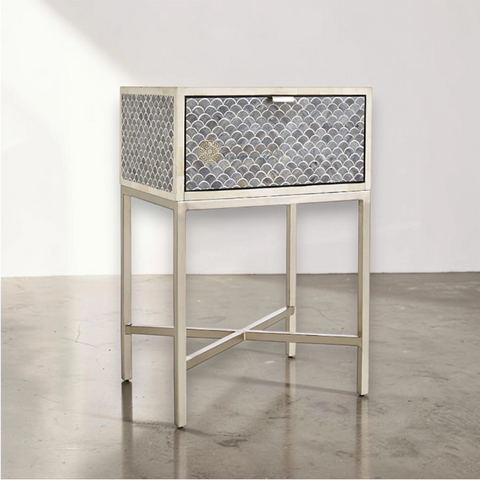 Scallop Grey Bone Inlay Nightstand | Luxury Bedside Table | Bone Inlay Nightstand