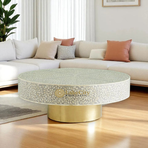 Bone Inlay Scroll-vine Design Round Coffee Table | Bone Inlay Scroll-vine Design Round Center Table