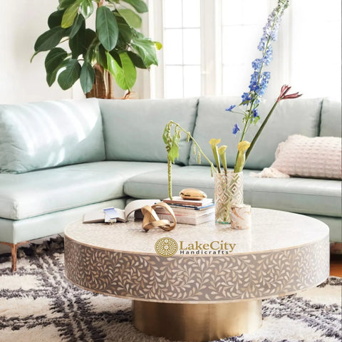 Bone Inlay Scroll-vine Design Round Coffee Table | Bone Inlay Scroll-vine Design Round Center Table
