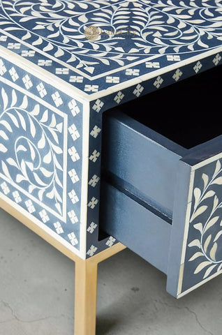Scroll Vine Bone Inlay Nightstand Blue