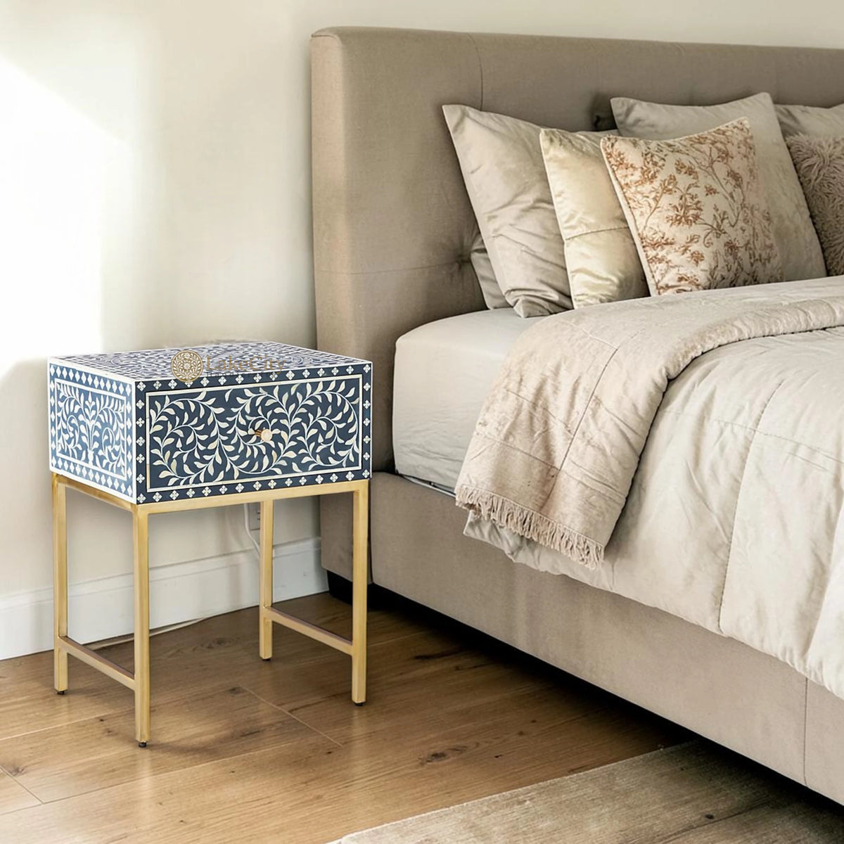 Scroll Vine Bone Inlay Nightstand Blue