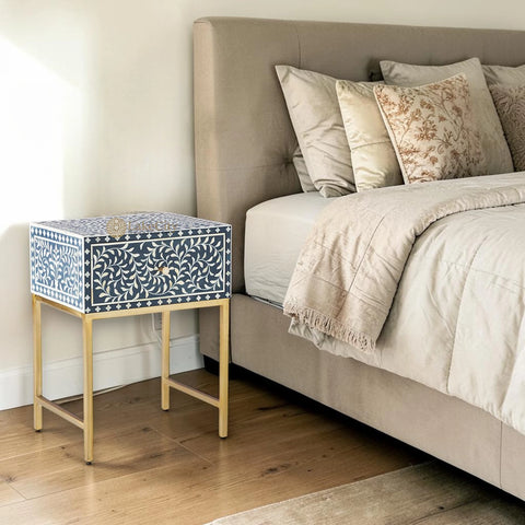 Scroll Vine Bone Inlay Nightstand Blue