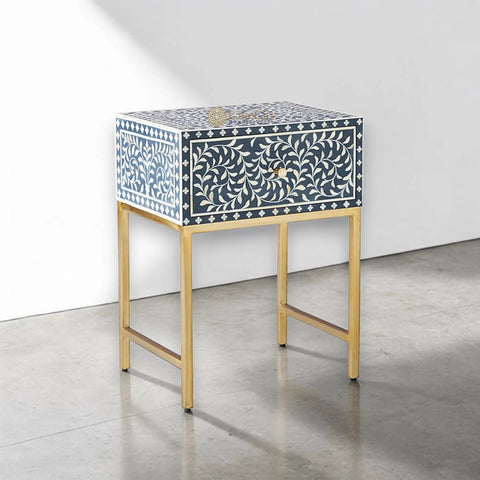 Scroll Vine Bone Inlay Nightstand Blue