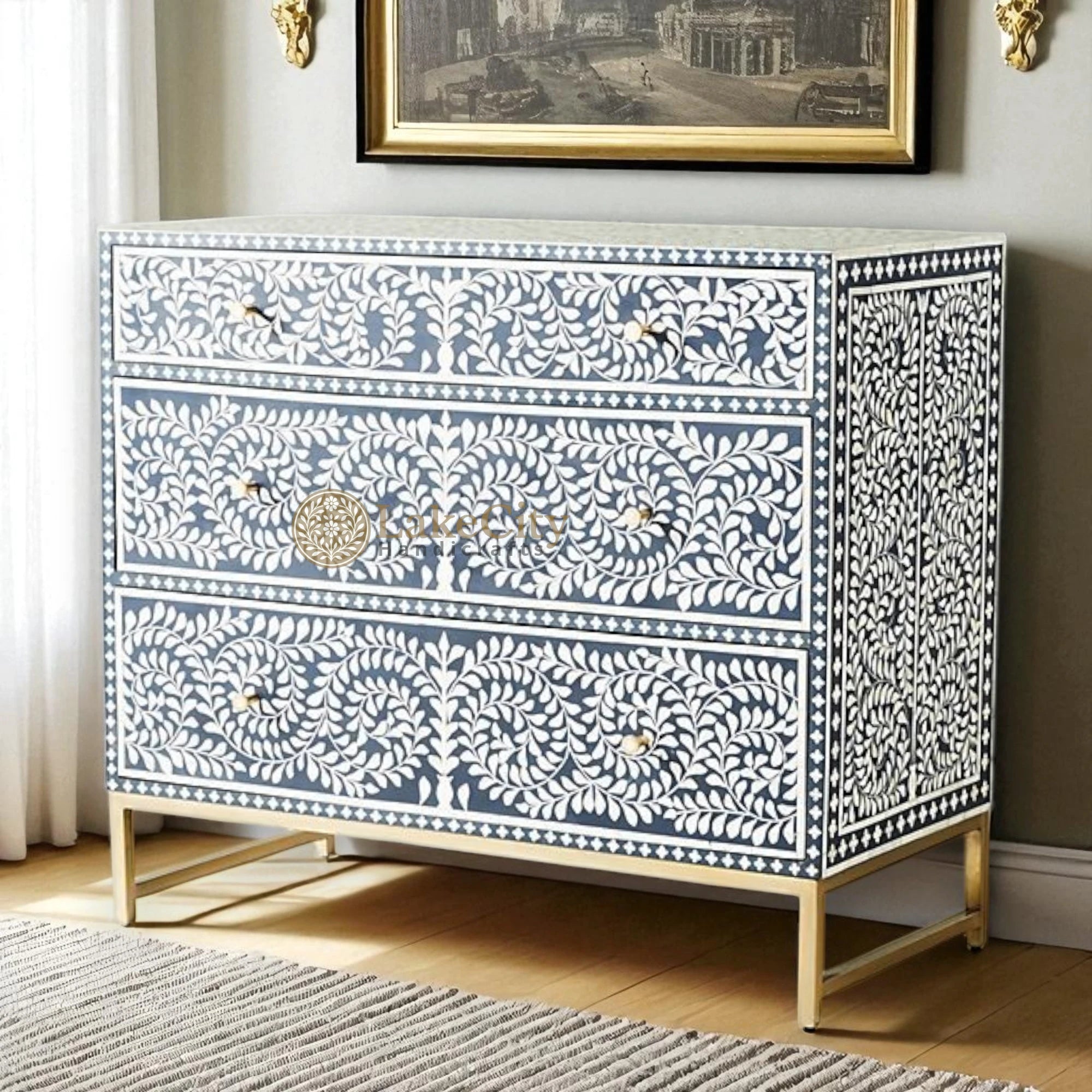 Bone Inlay Scroll-vine Chest of 3 Drawers | Bone Inlay Scroll-vine 3 Drawers Dresser Table