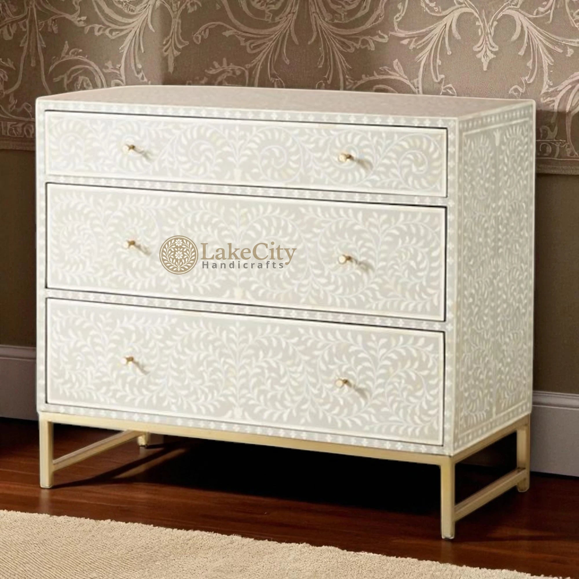 Bone Inlay Scroll-vine Chest of 3 Drawers | Bone Inlay Scroll-vine 3 Drawers Dresser Table