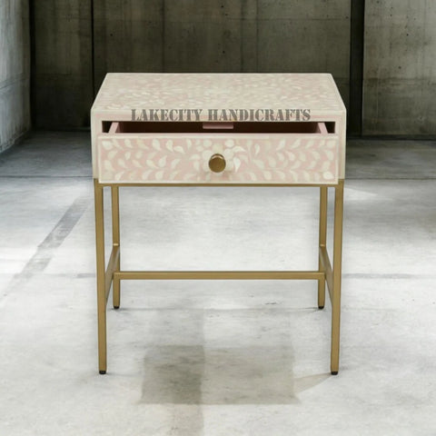 Bone Inlay Scroll-vine Design 1 Drawer Nightstand Table Pink | Bone Inlay Scroll-vine Design 1 Drawer Bedside Table Pink
