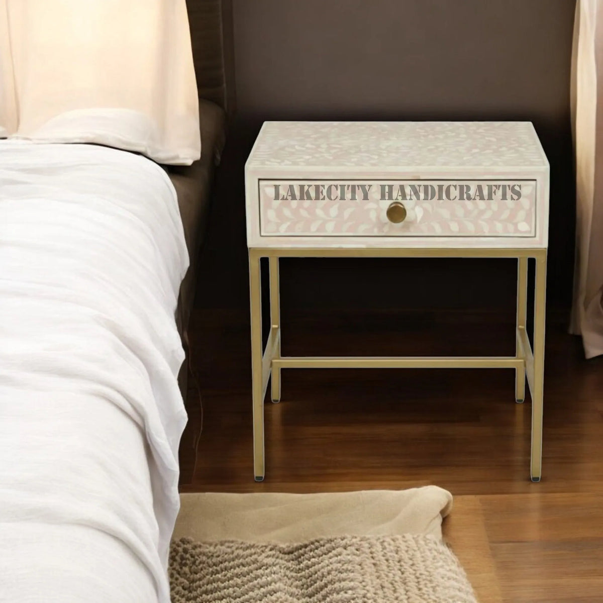 Bone Inlay Scroll-vine Design 1 Drawer Nightstand Table Pink | Bone Inlay Scroll-vine Design 1 Drawer Bedside Table Pink