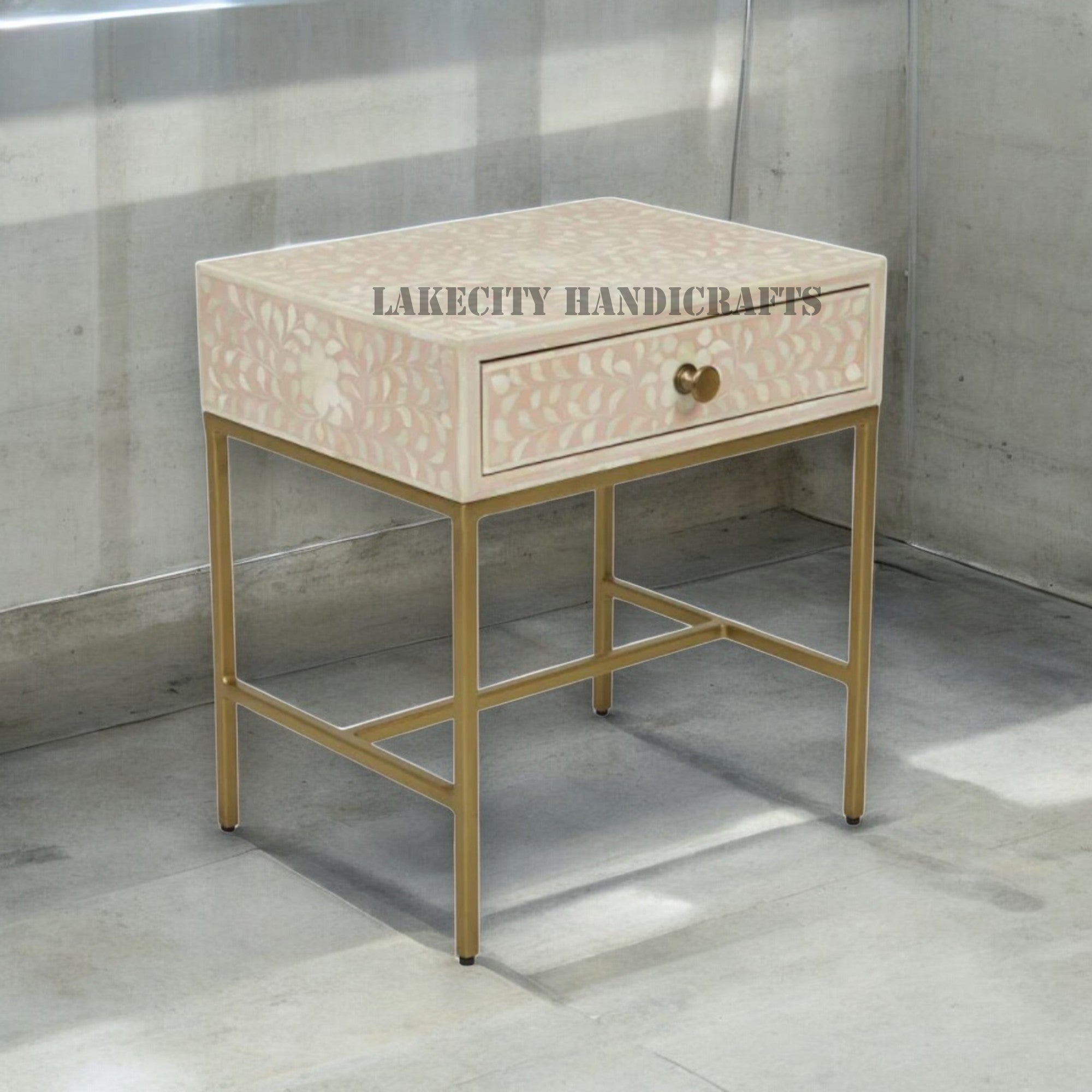 Bone Inlay Scroll-vine Design 1 Drawer Nightstand Table Pink | Bone Inlay Scroll-vine Design 1 Drawer Bedside Table Pink