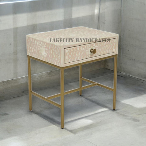 Bone Inlay Scroll-vine Design 1 Drawer Nightstand Table Pink | Bone Inlay Scroll-vine Design 1 Drawer Bedside Table Pink