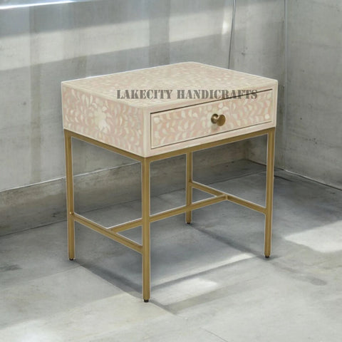 Bone Inlay Scroll-vine Design 1 Drawer Nightstand Table Pink | Bone Inlay Scroll-vine Design 1 Drawer Bedside Table Pink