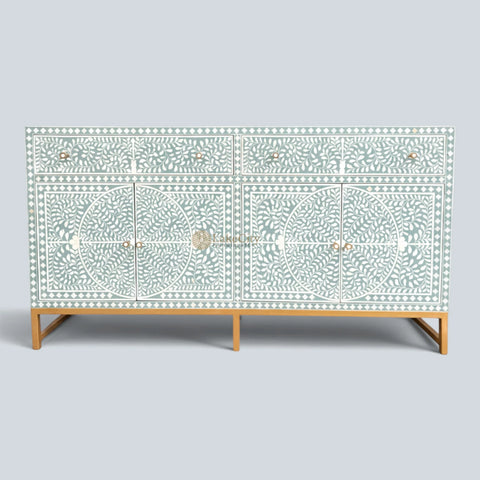 Bone Inlay Scroll-vine Design 2 Drawers & 4 Doors Buffet Table Slate Green