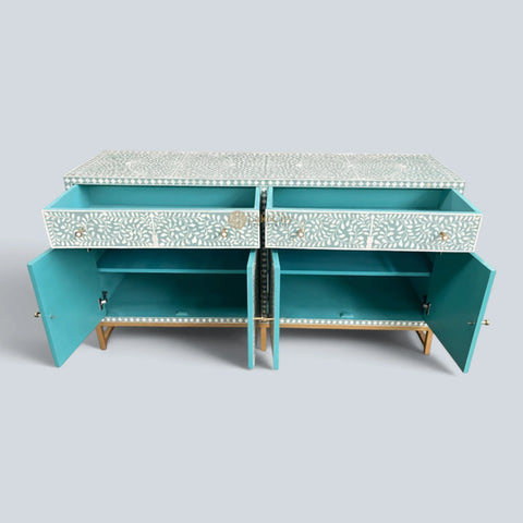 Bone Inlay Scroll-vine Design 2 Drawers & 4 Doors Buffet Table Slate Green