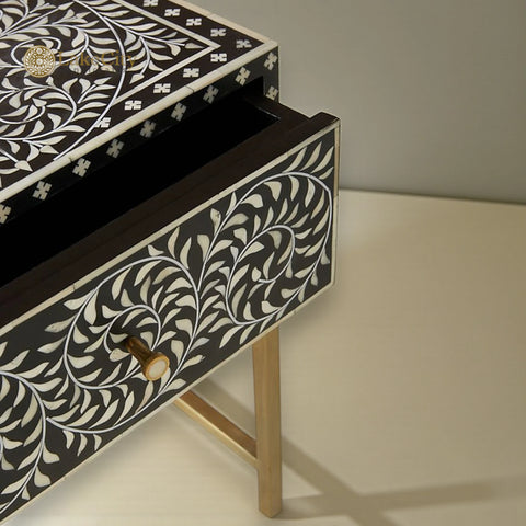 Bone Inlay Scroll-vine Design Nightstand Table Black| Bone Inlay Scroll-vine Design Bedside Table Black