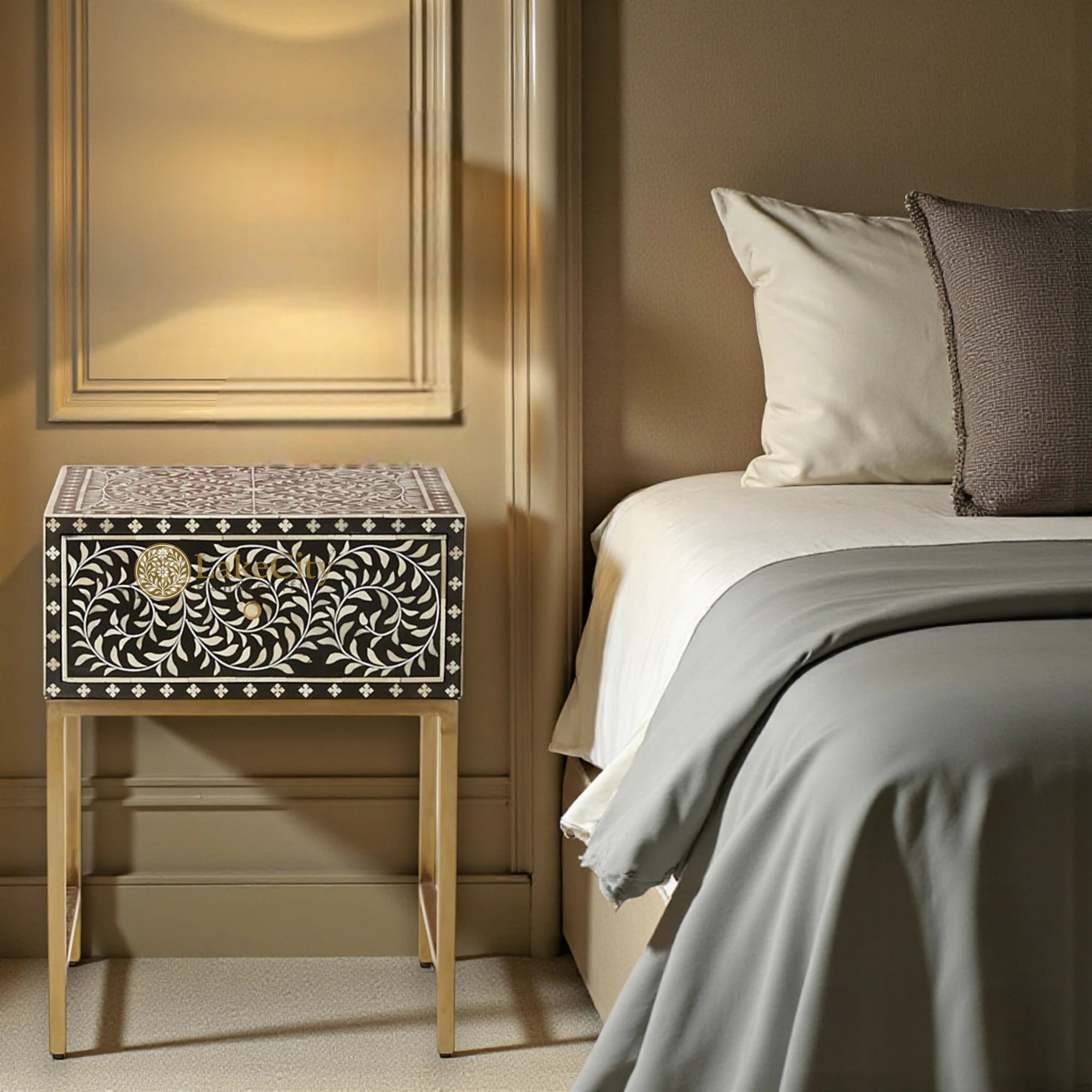 Bone Inlay Scroll-vine Design Nightstand Table Black| Bone Inlay Scrol ...