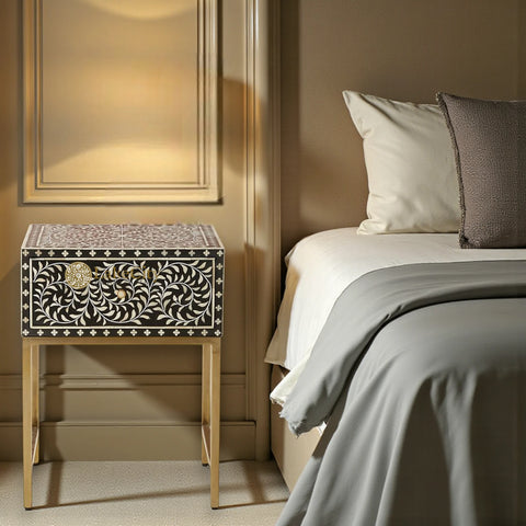 Bone Inlay Scroll-vine Design Nightstand Table Black| Bone Inlay Scroll-vine Design Bedside Table Black